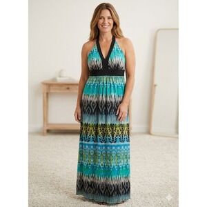 En Focus Women's Geometric Tribal Halter Dress Bohemian Summer Vacation Maxi 12